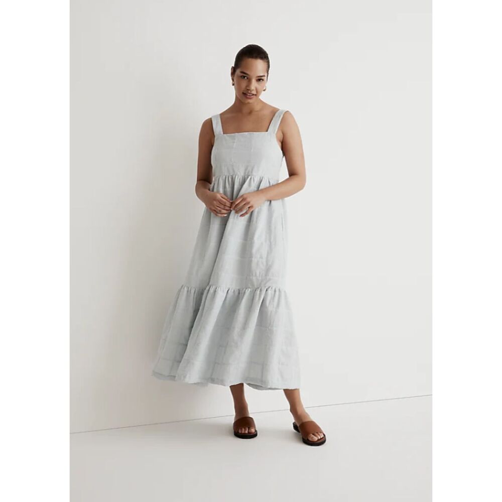 Madewell Cicely Tiered Midi Dress Patchwork Cotton Square Neck Midi Pockets 10